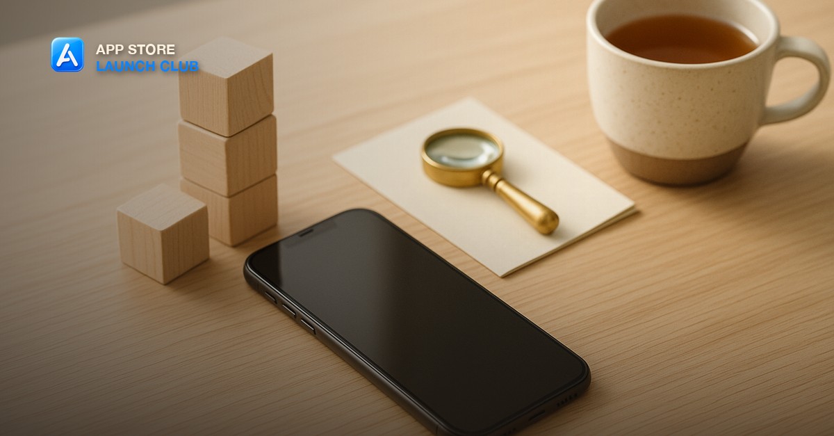 A smartphone lying face-up on a pale oak desk beside a short tower of plain wooden toy building blocks, a small brass magnifying glass resting on a folded cream index card, and a ceramic cup of tea in bright morning window light