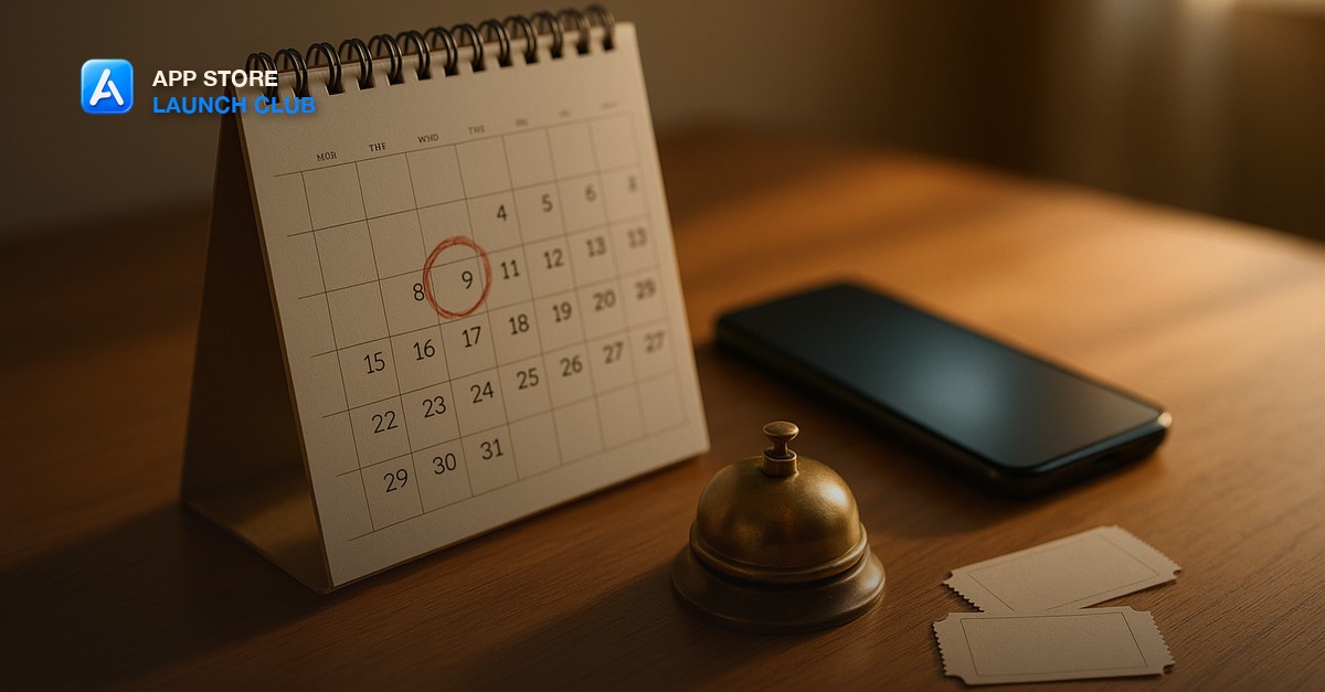 A paper desk calendar with one date circled in red pencil on a warm oak desk, beside a dark smartphone, a small brass desk bell and two blank paper ticket stubs in late afternoon light