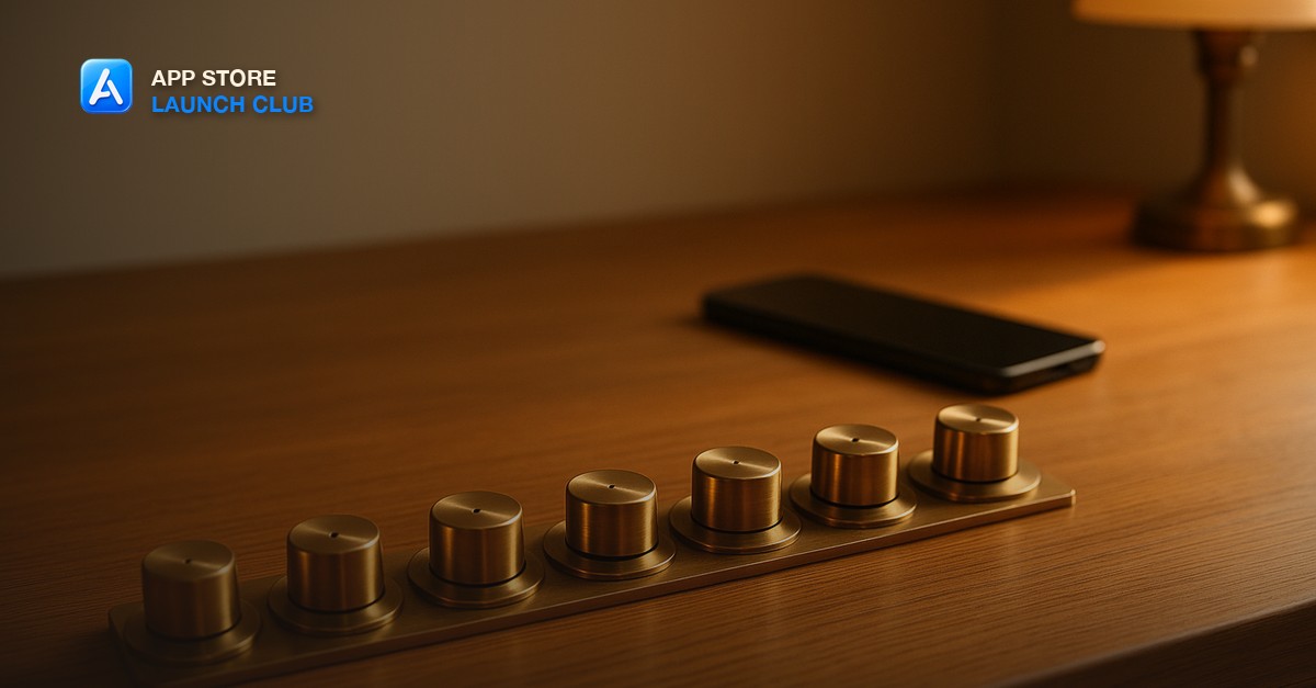 A row of seven small brass rotary knobs turned progressively higher from left to right on a warm oak desk, beside a dark smartphone and a softly glowing amber desk lamp