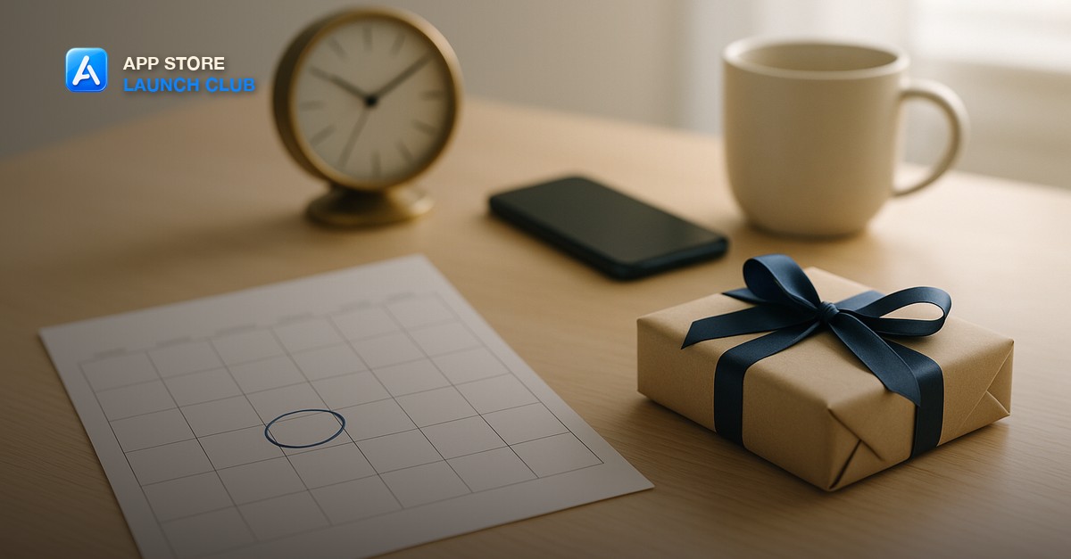 A wall calendar page with one day circled in blue ink on a pale oak desk, beside a small parcel wrapped in kraft paper with a navy ribbon, a dark smartphone face down, a brass desk clock and a cream mug in bright morning light