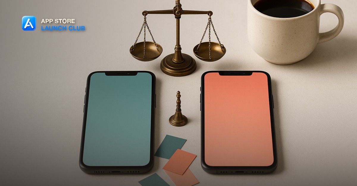 Two dark smartphones side by side on a pale concrete desk, one screen glowing teal and the other coral, with a small brass balance scale between them, loose teal and coral paper swatches and a cream mug of black coffee in bright daylight