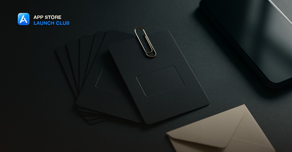 A fan of blank matte charcoal cards with a single embossed rectangle on the top card, held by a brass paperclip, beside a dark smartphone and a small cream envelope on a slate-grey desk in soft moody side light