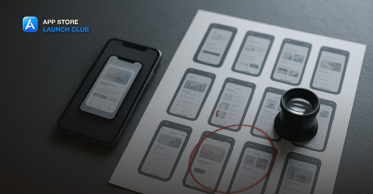 A smartphone lying on a slate desk beside a printed contact sheet of app screenshots, one frame circled in red wax pencil, a magnifying loupe resting on the sheet under cool overcast window light