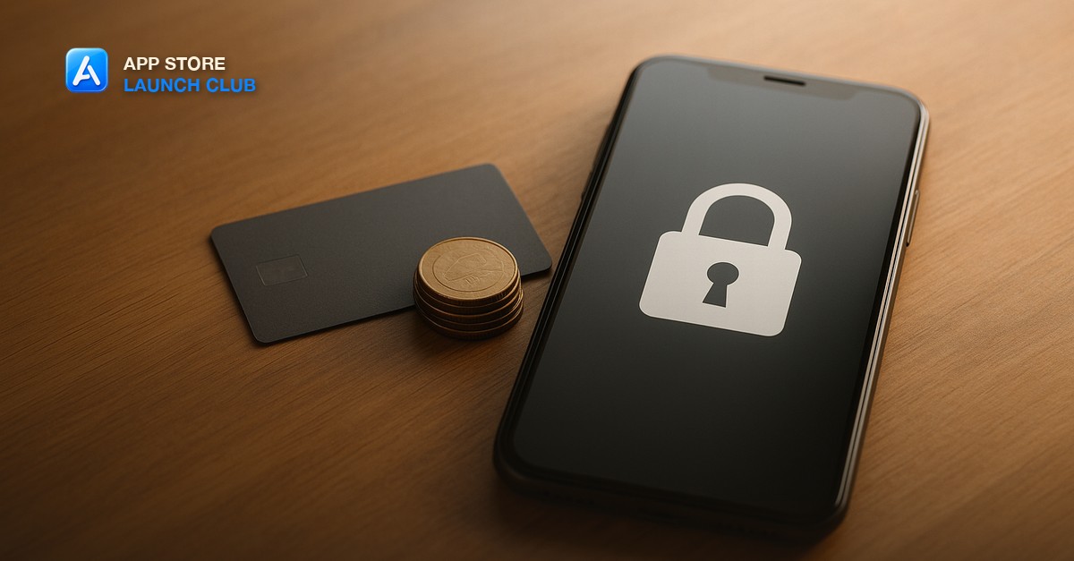 A smartphone displaying a plain generic padlock icon resting beside a credit card and a small stack of coins on a warm wood desk in soft daylight