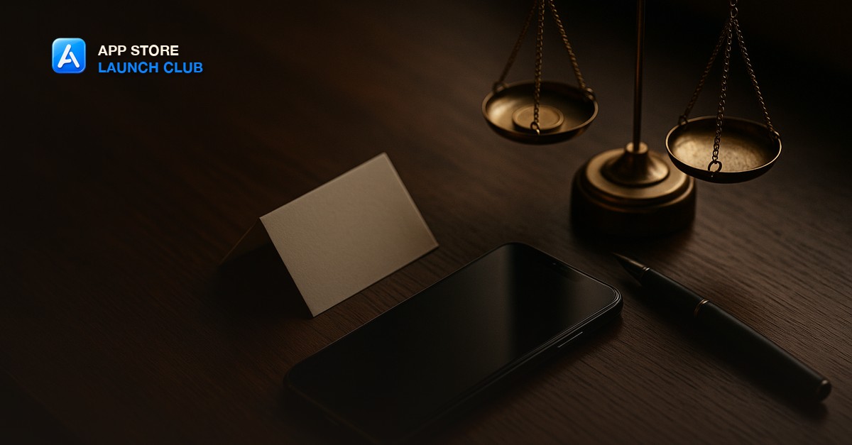 A smartphone lying face-up on a dark walnut desk beside a small brass balance scale with a single coin on one pan, a folded blank cream paper card, and a matte black fountain pen in moody warm window light
