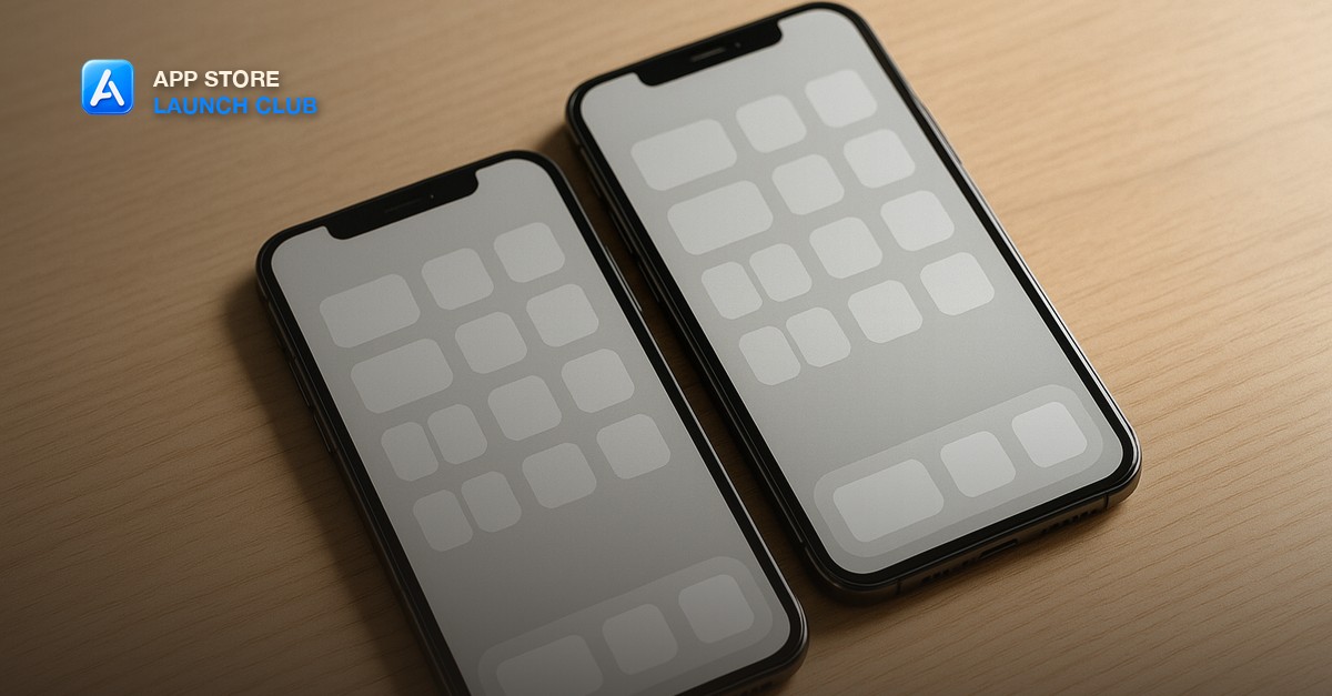 Two nearly identical smartphones lying side by side on a wood desk, both showing the same generic blank grid of app icon squares, one phone overlapping the other like a stamped duplicate