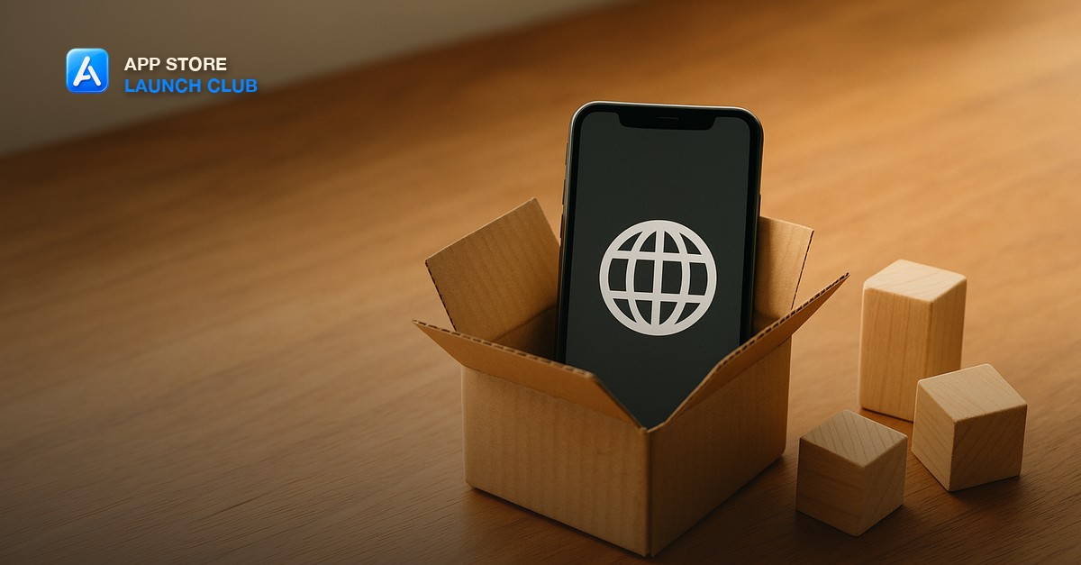 A smartphone displaying a plain generic globe web-browser icon resting inside a small opened cardboard shipping box, beside a few unfinished raw wooden toy blocks, on a warm wood desk in soft daylight