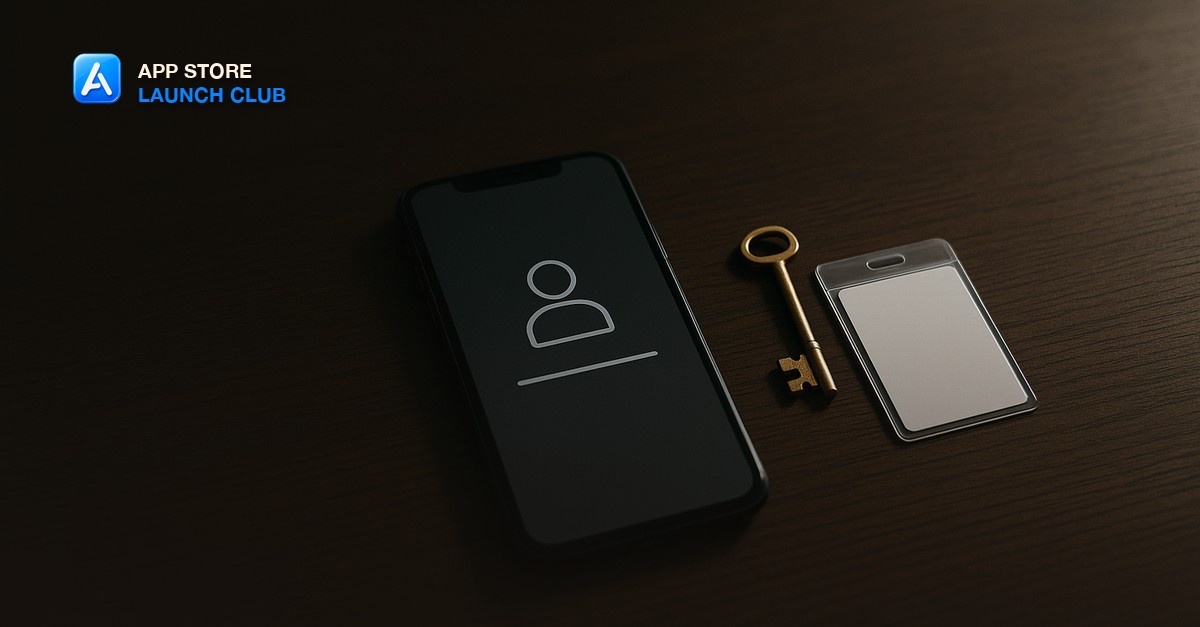 A smartphone lying face-up showing a plain login screen beside a small gold key and a sealed white identification card on a dark wood desk in soft daylight