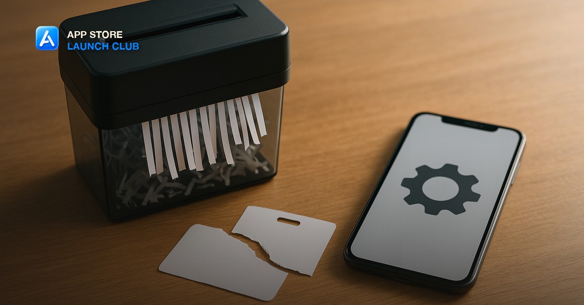 A small desktop paper shredder beside a torn blank white identification card and a smartphone showing a plain settings gear icon, on a warm wood desk in soft daylight
