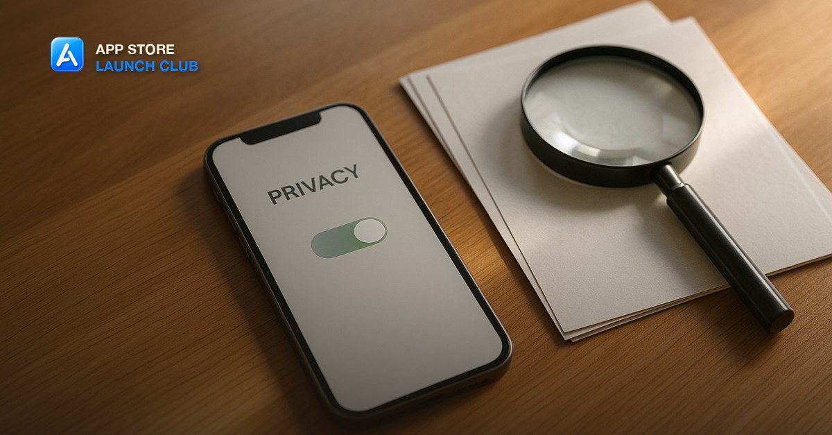 A smartphone lying face-up on a warm wood desk showing a plain generic privacy toggle screen, next to a small stack of blank data-sheet papers with a magnifying glass resting on top, soft natural daylight