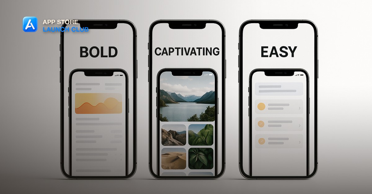 A row of phone mockups showing clean, branded app store screenshots with bold text overlays