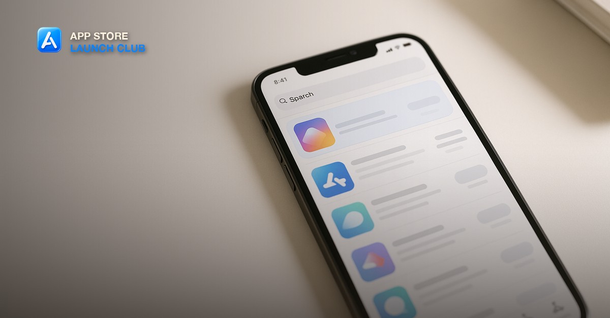 App Store Launch Club - a smartphone showing an App Store search results screen with a sponsored placement highlighted at the top, illustrating Apple Search Ads