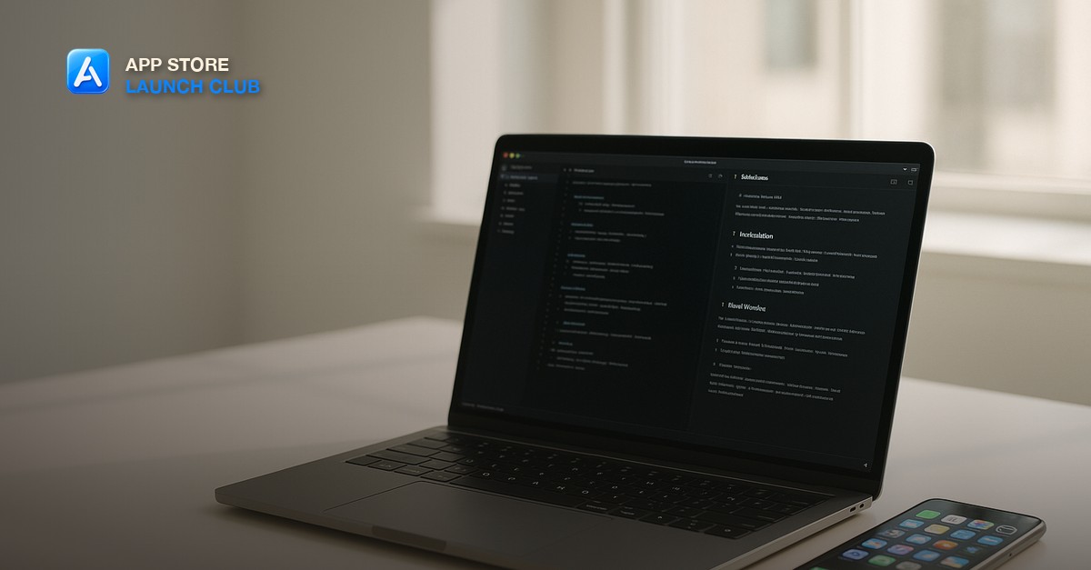 A MacBook on a clean desk showing a code editor with a project file open, an iPhone beside it displaying an app icon grid
