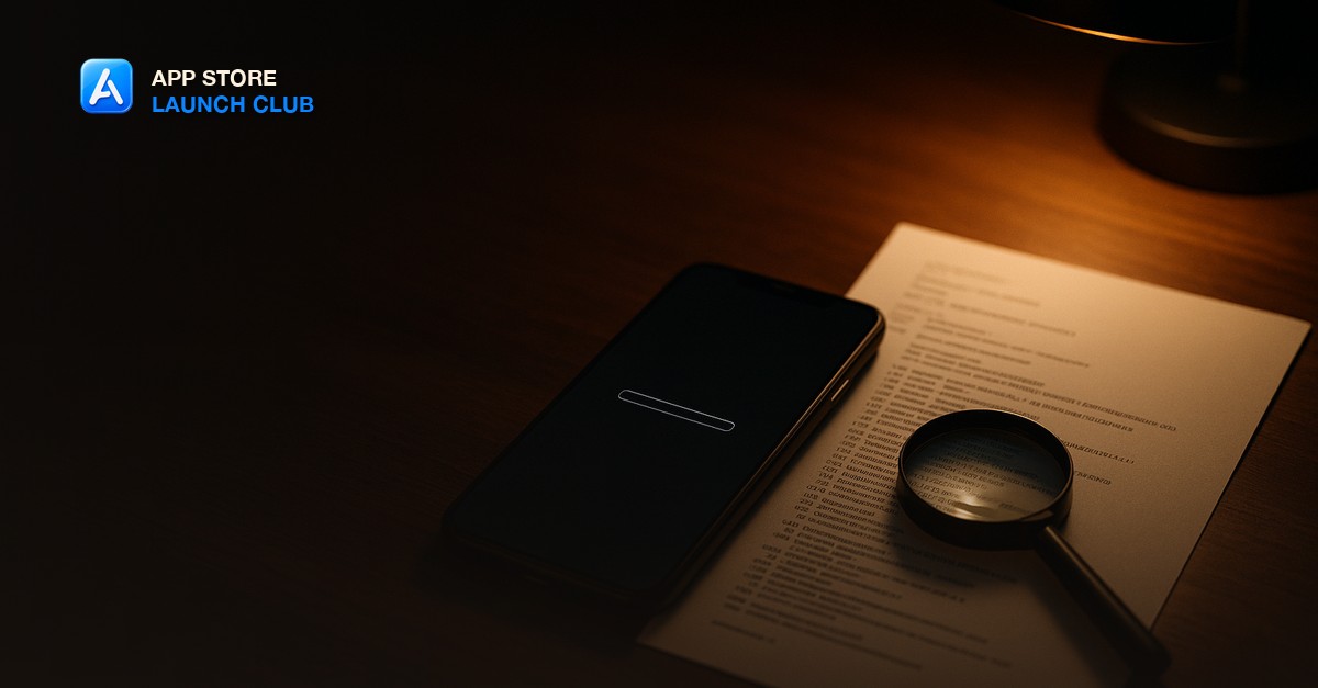 A matte black smartphone face-up on a dark walnut desk showing a blank stalled startup screen, a magnifying glass and a printed stack trace beside it under a single warm desk lamp