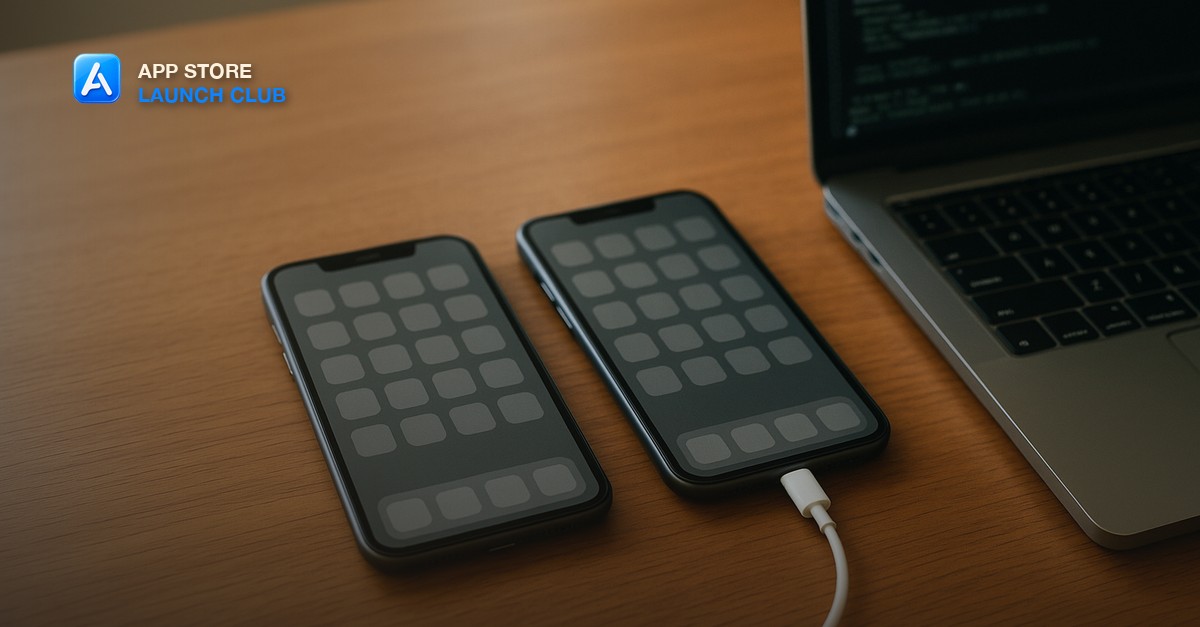 Two identical smartphones resting side by side on a warm wood desk, one connected by a thin white cable to an open laptop mid compile, both phone screens showing a plain generic grid of blank app icon squares in soft daylight