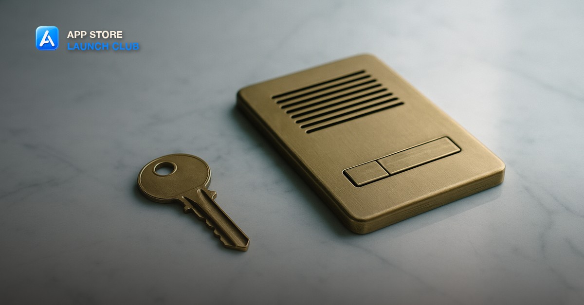 A single brass key resting on a bare marble counter beside a closed brass intercom panel in soft daylight