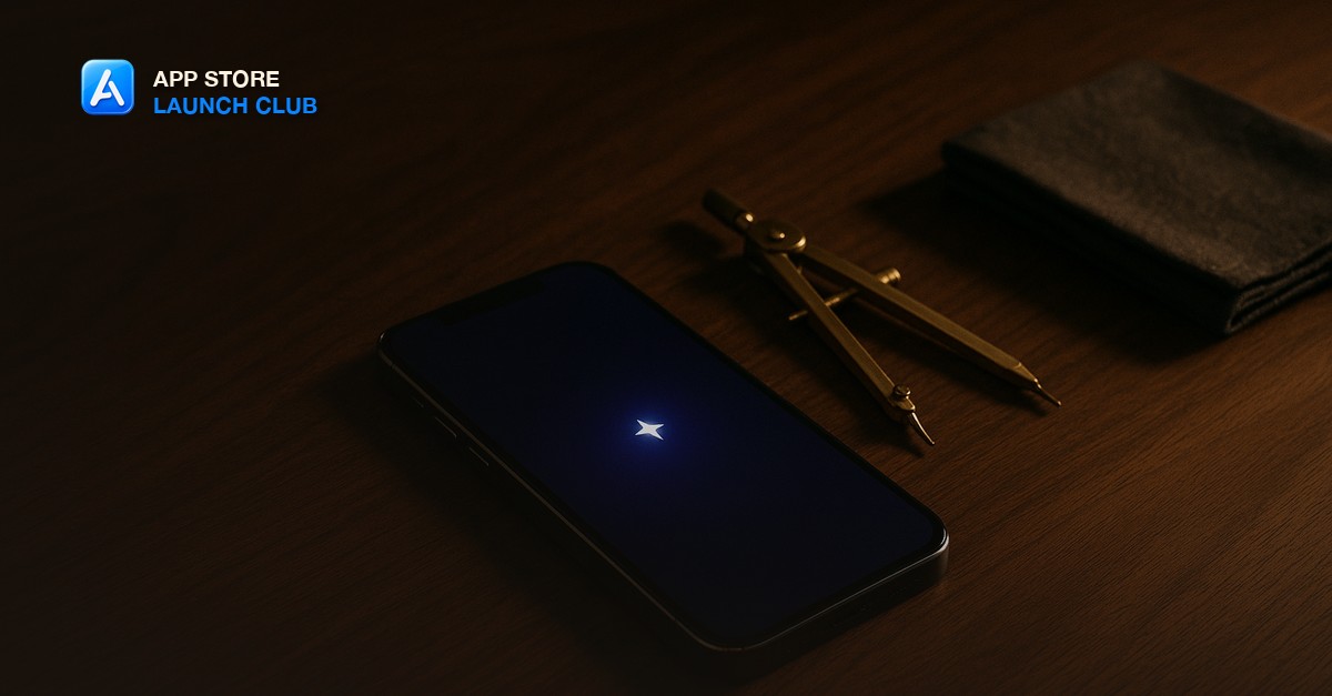 A smartphone lying face-up on a dark walnut desk, its screen glowing a deep solid indigo with a single small centered emblem of light, beside a brass drafting compass and a folded charcoal cloth in low warm evening light