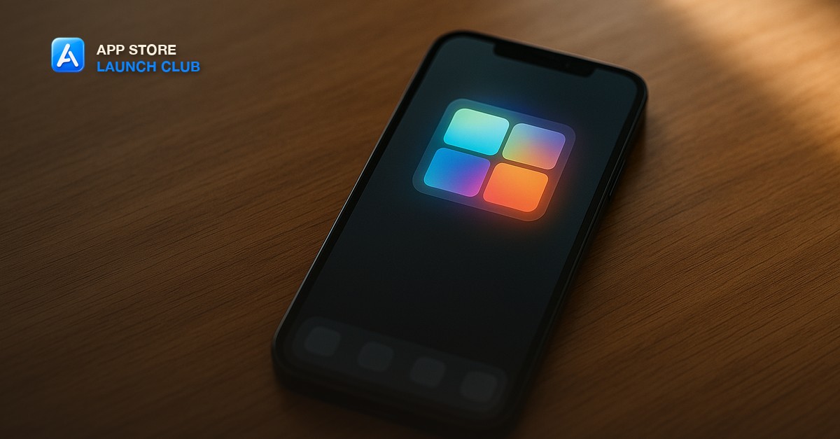 A phone on a wooden desk showing a clean home screen with a colorful productivity widget, natural window light