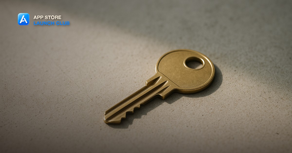 A brass door key resting on a clean concrete surface in soft directional daylight