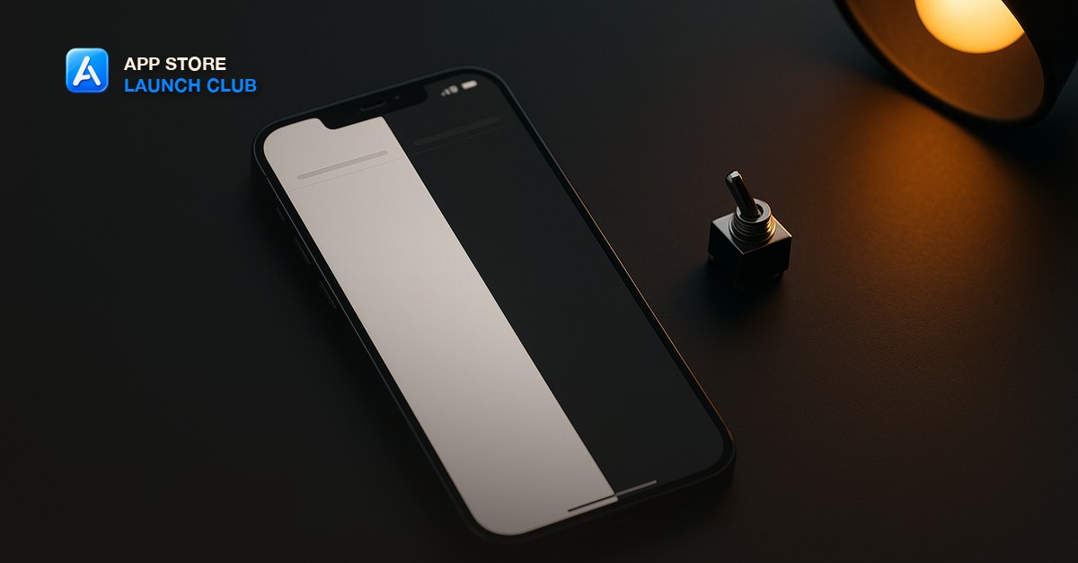 A sleek smartphone showing two side-by-side app screens, one bright white and one deep charcoal, resting on a dark matte desk beside a small toggle switch component and warm amber desk lamp