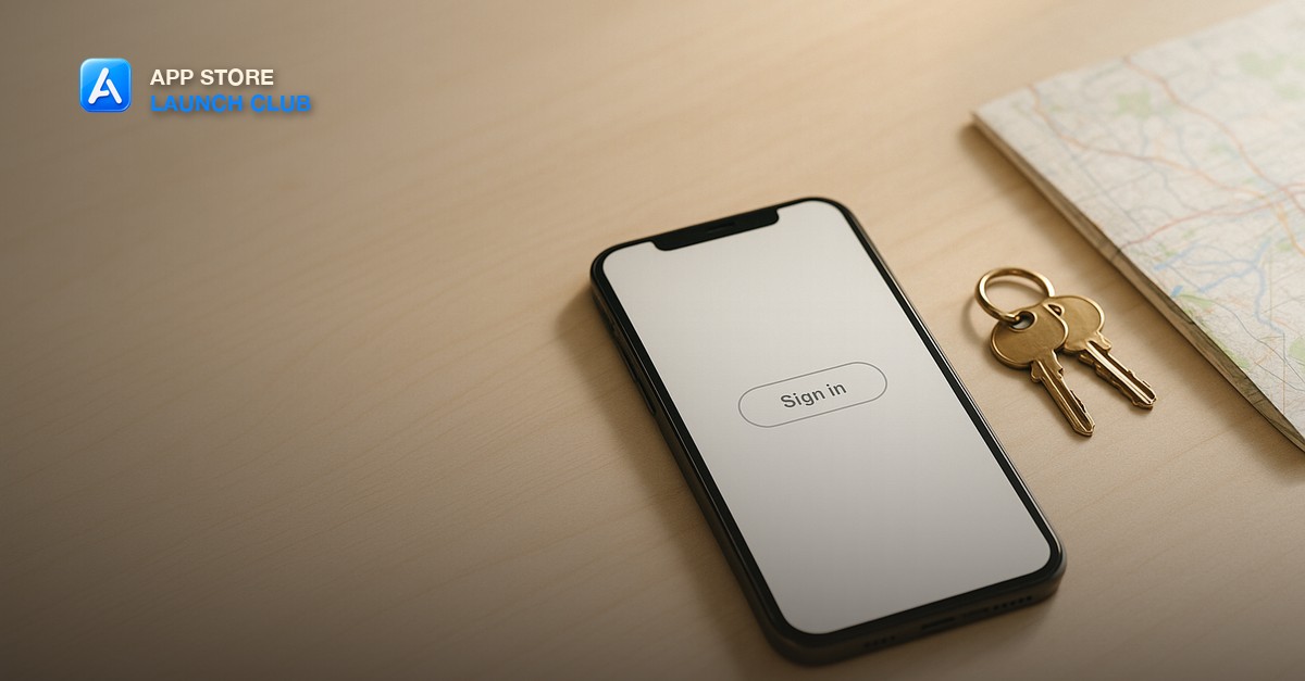 A smartphone on a pale birch desk showing a single clean sign-in button beside two small brass keys and a folded paper map in soft morning daylight, with empty space in the upper left