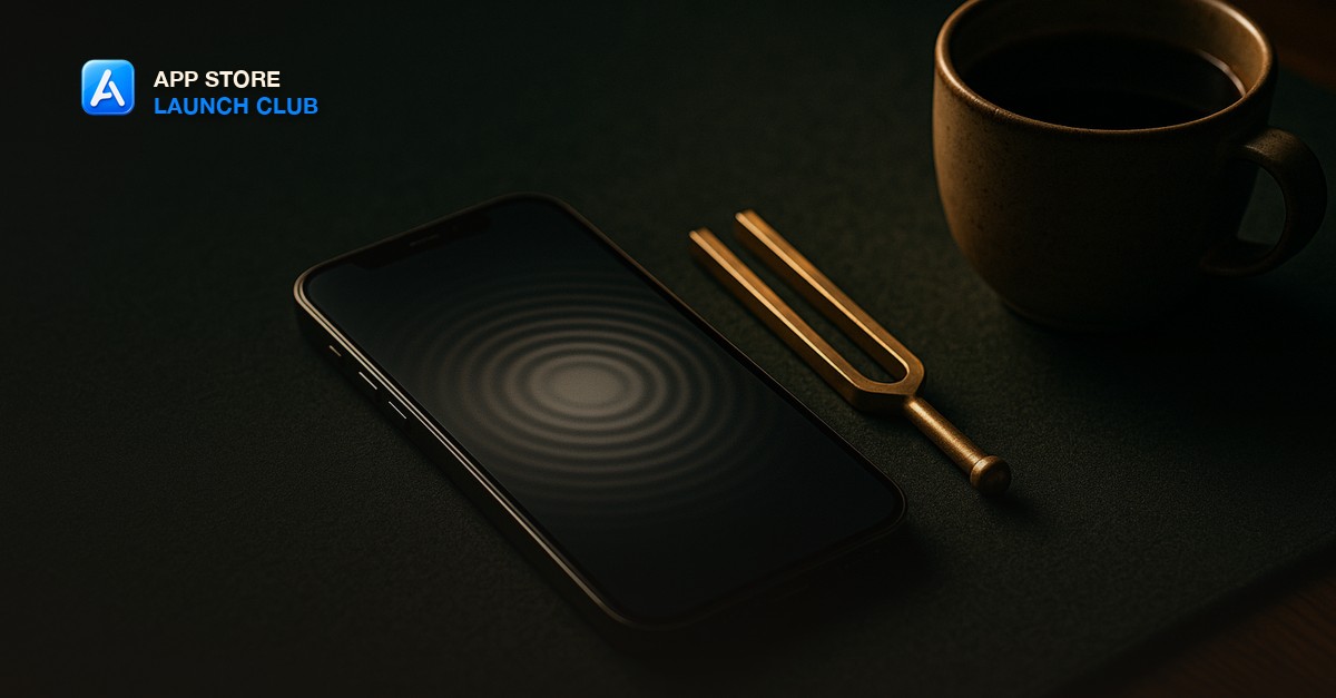 A smartphone resting face-up on a deep green felt desk mat with faint concentric ripple rings of soft light emanating from its screen, beside a small brass tuning fork and a ceramic cup of black coffee in moody warm side light