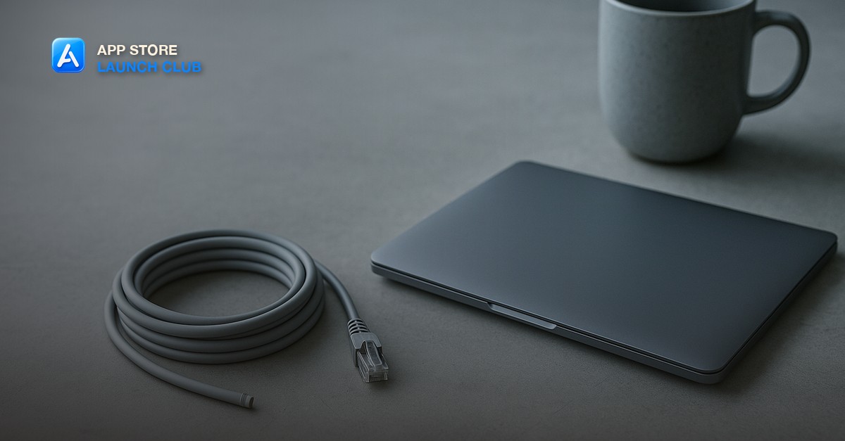 App Store Launch Club - an unplugged ethernet cable beside a closed notebook, representing an app running without a connection