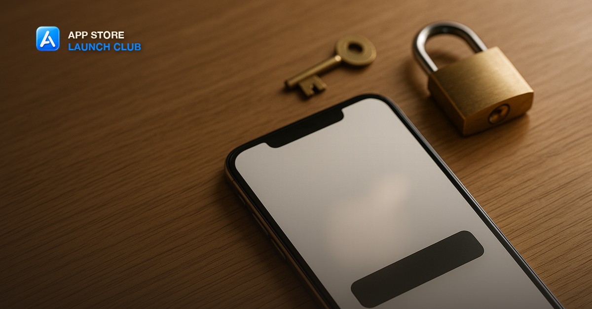 A smartphone on a warm oak desk showing a clean dark sign-in button beside a brass key and a closed padlock in soft morning daylight, with empty space in the upper left