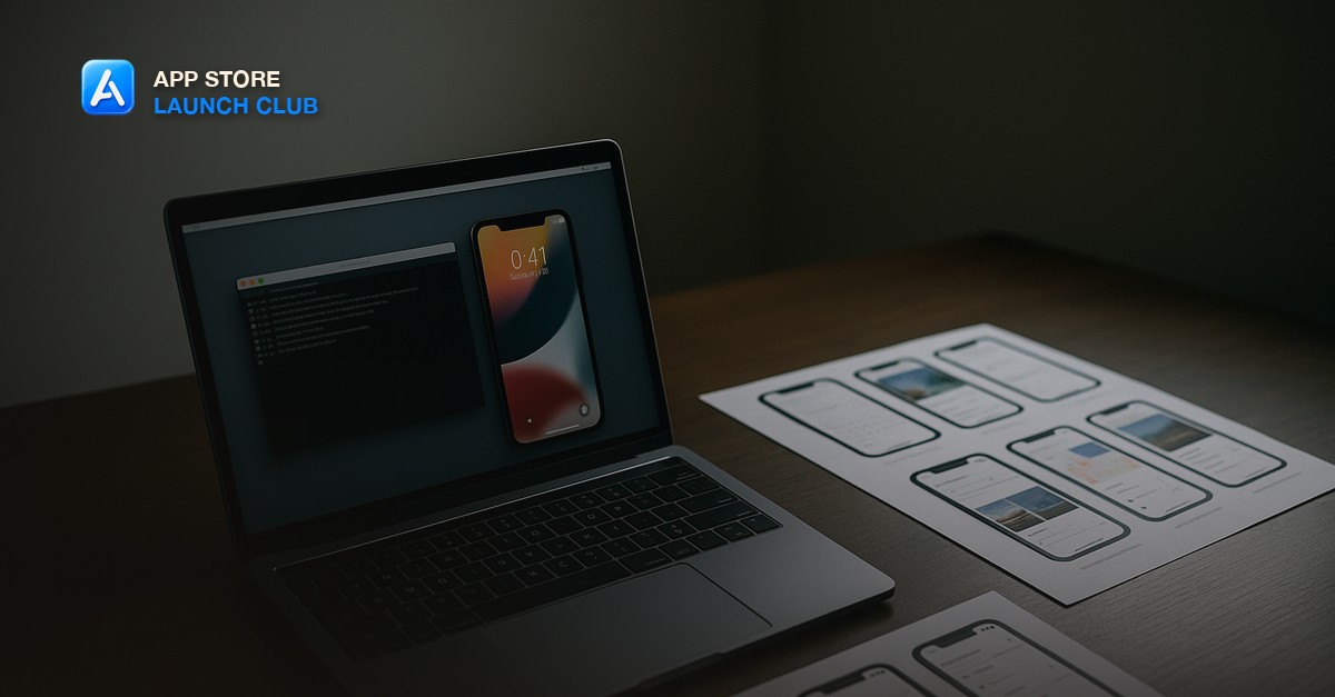 A laptop showing a terminal running a screenshot script beside a printed sheet of framed iPhone screenshots on a desk