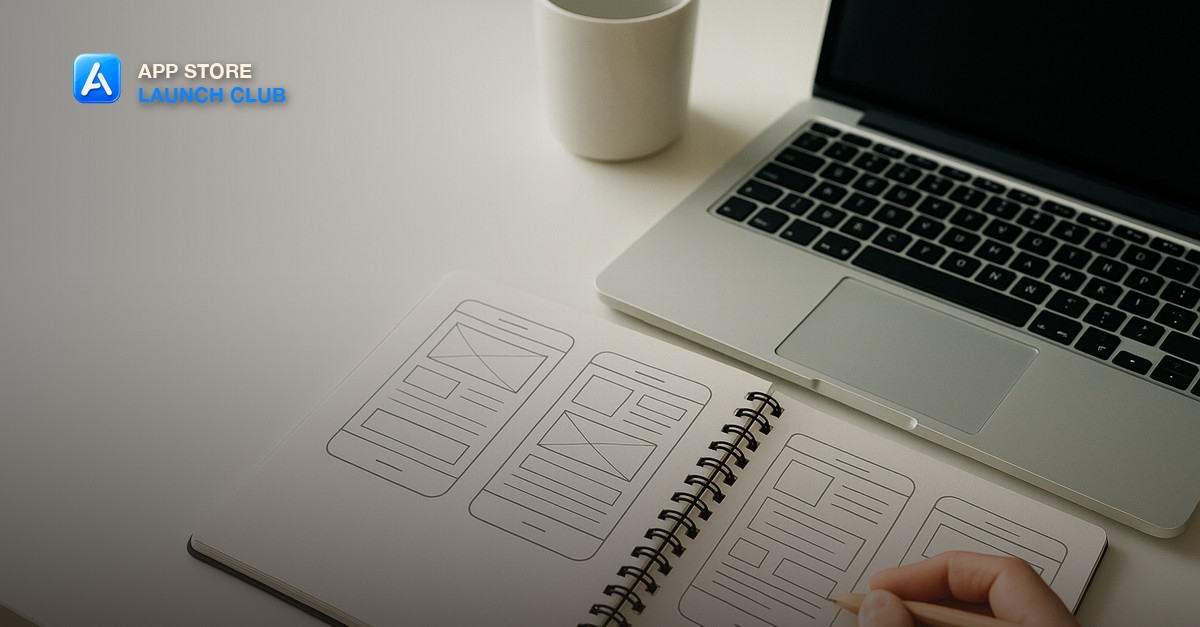 A person with a notebook sitting at a laptop with a mobile app mockup on screen