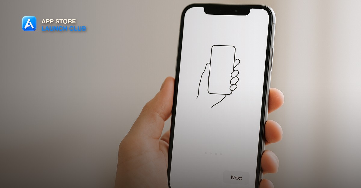 A smartphone showing a clean app onboarding screen with a progress indicator, held in one hand