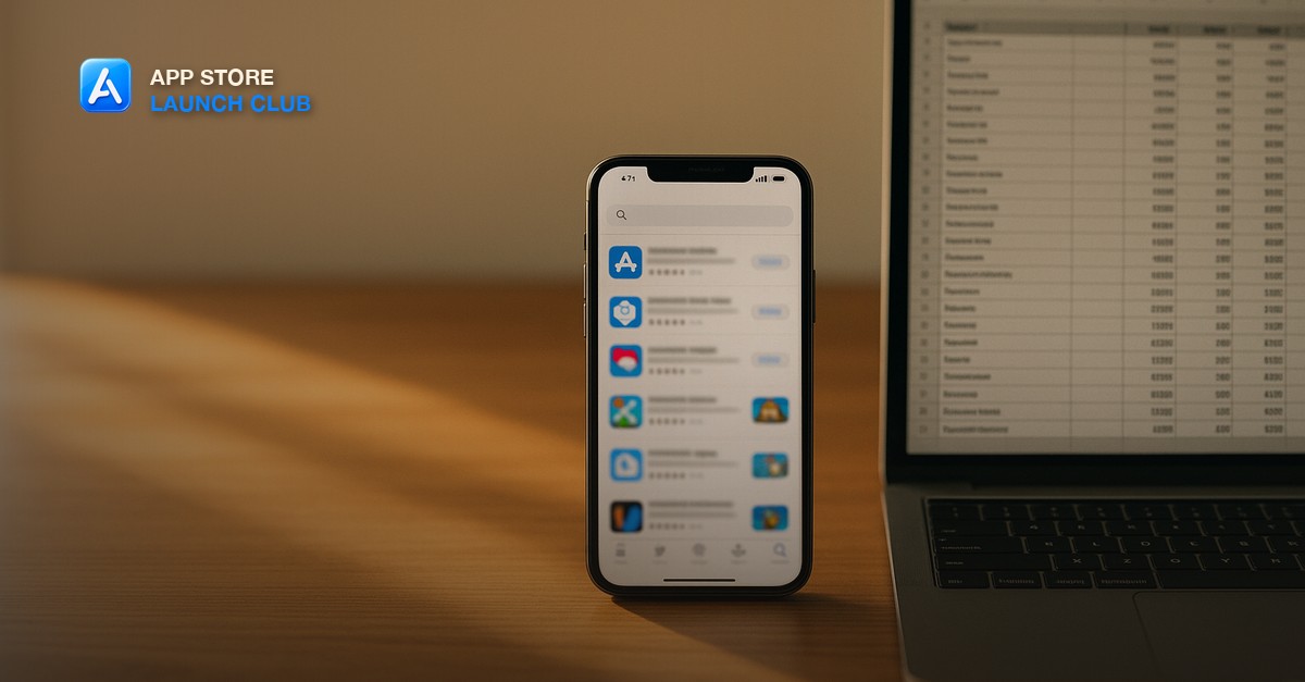 A phone showing an App Store search results page beside a laptop displaying a keyword research spreadsheet on a warm wooden desk with soft morning light