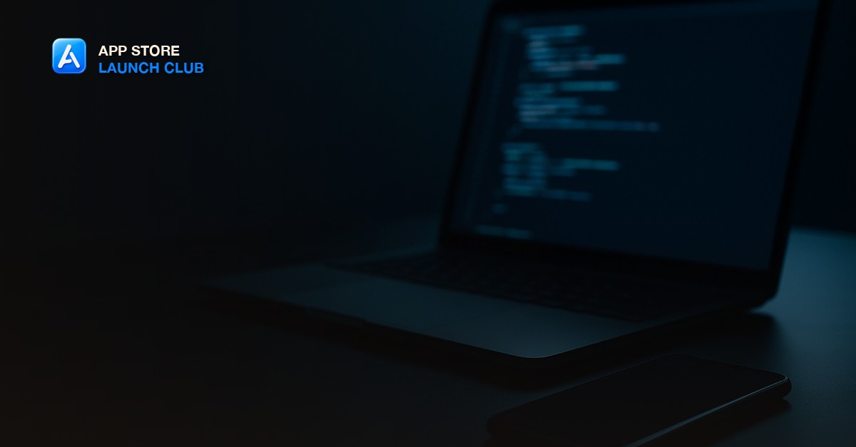 A laptop and a smartphone on a dark desk with moody blue accent lighting, an out-of-focus code editor glowing in the background