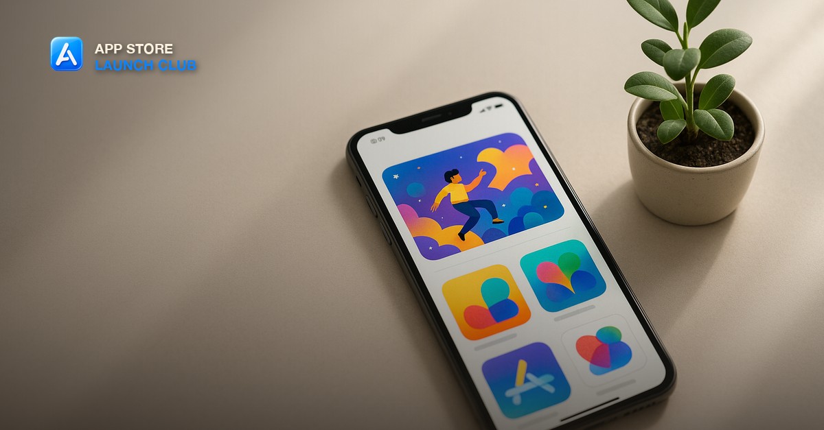 A smartphone on a clean desk displaying a bright app store featured banner beside a small potted plant
