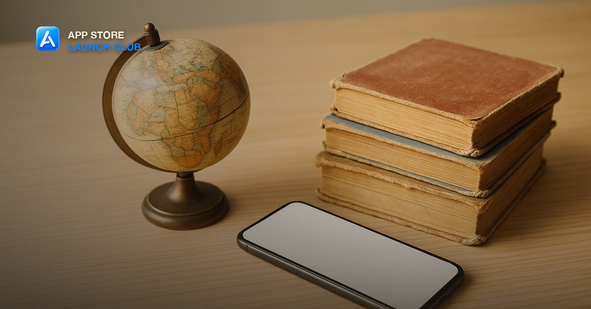 A small vintage globe beside a stack of worn phrasebooks and a blank smartphone on a wooden desk