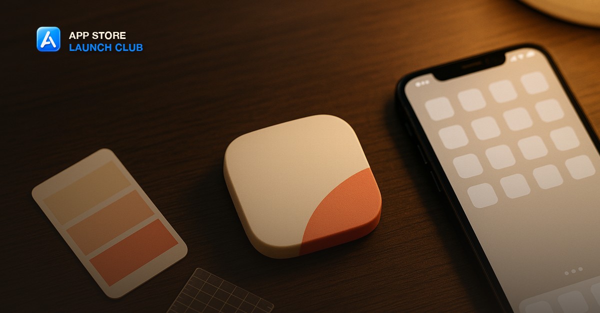 A single rounded-square app icon tile in warm coral and cream on a dark wooden desk beside a color swatch card, a small grid ruler, and an iPhone showing a blank home screen under warm lamp light