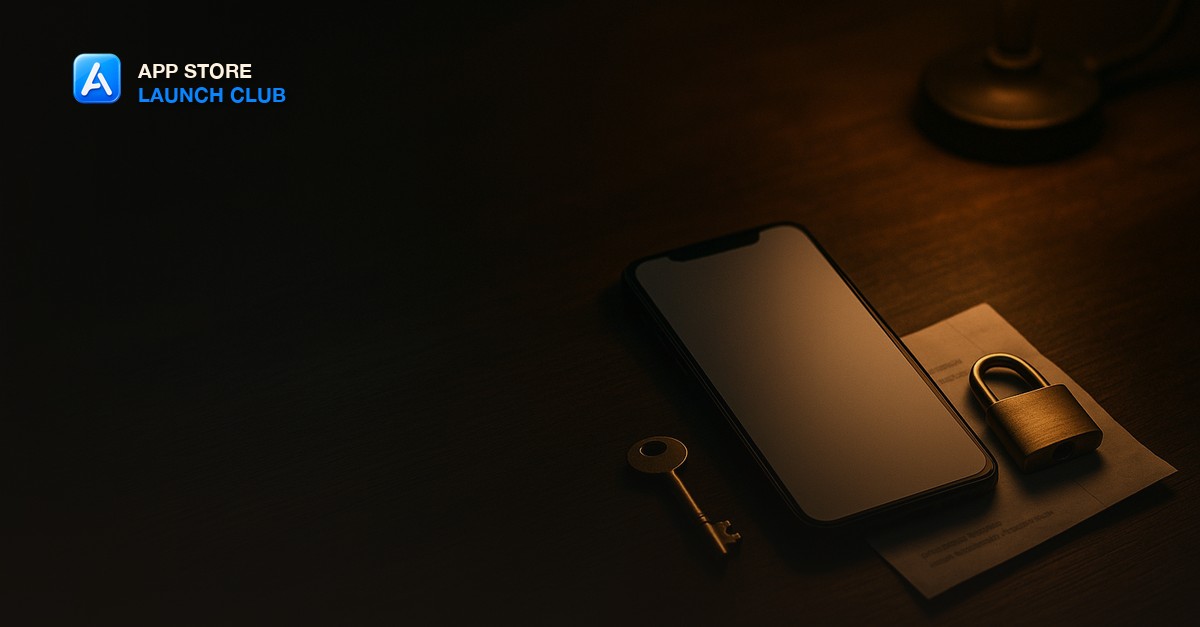 A matte black smartphone showing a blank app splash screen on a dark wooden desk beside a small brass key, a closed padlock, and a folded config note under a single warm lamp