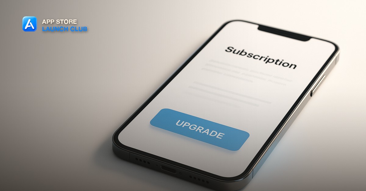 A phone displaying an app subscription screen with a clear upgrade button