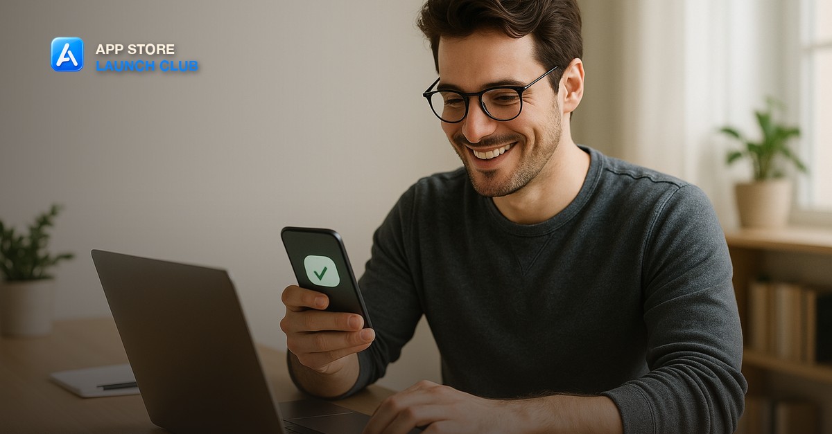 A developer at a laptop looking at a successful update notification on a phone screen