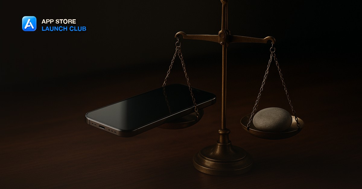 A smartphone resting on one side of a small vintage brass balance scale, weighed against a single smooth stone, on a dark wood desk in soft directional light