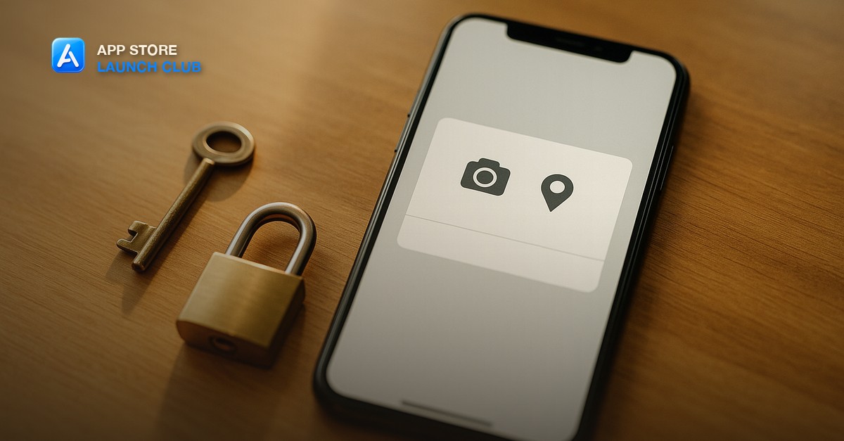 A smartphone on a warm wood desk showing a plain system permission dialog with a small camera aperture icon and a location pin, beside a physical brass key and a closed padlock in soft morning daylight