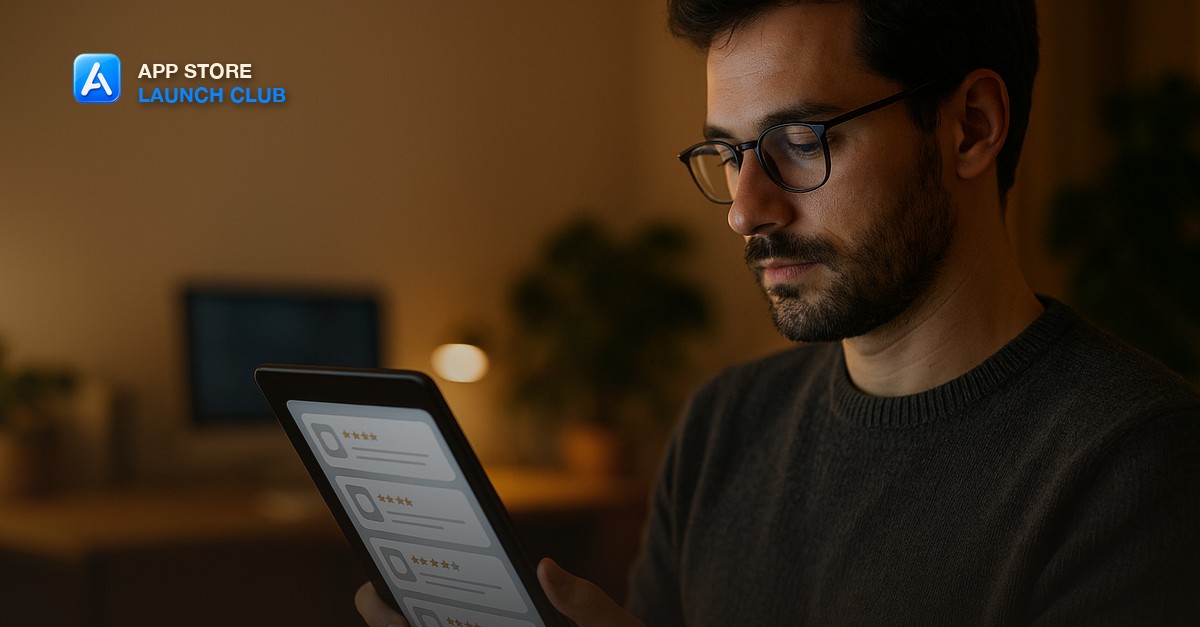 A developer looking calmly at a phone screen showing a mix of 5-star and 1-star review cards
