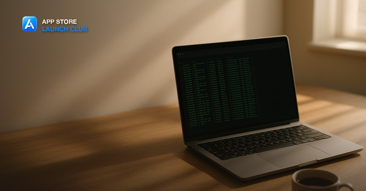 A minimal developer desk with a laptop open showing green database rows in a dark terminal, a mug of coffee, and soft morning window light casting long shadows across the wooden surface