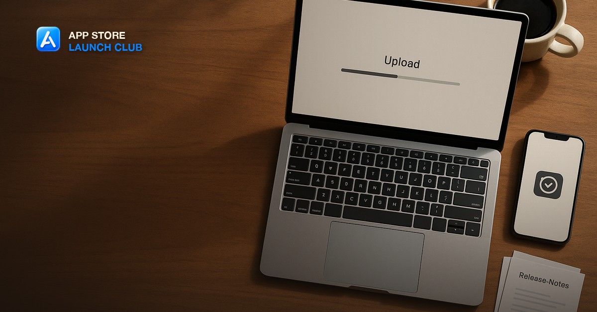 An overhead still life on a warm walnut desk: a silver laptop showing an upload progress bar, a phone displaying a version number badge, a small stack of printed release notes and a coffee cup, with open space on the left