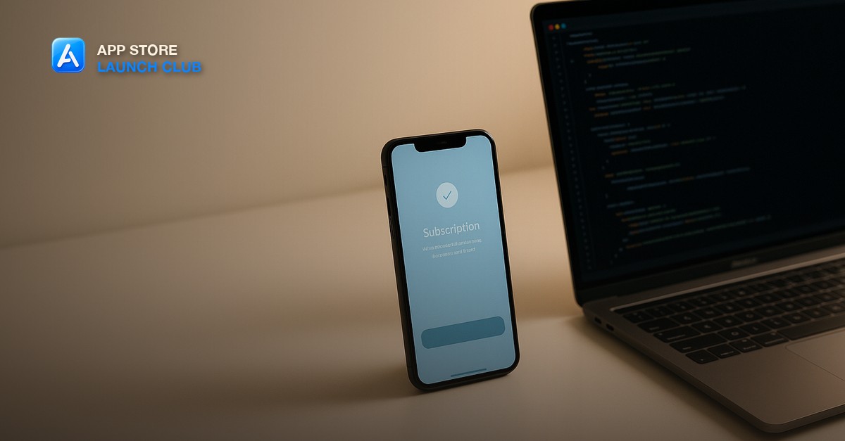A smartphone showing a subscription confirmation screen next to a laptop with code, representing in-app purchase sandbox testing