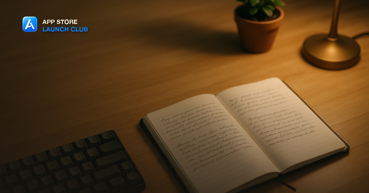 A wooden desk with a clean open notebook showing handwritten app store listing copy, a mechanical keyboard, a small potted plant, and warm lamp light casting soft shadows