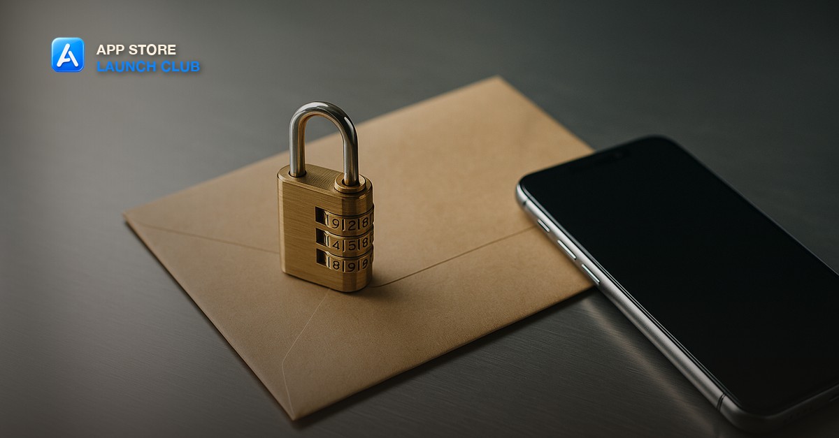 A small brass combination padlock resting on a sealed plain manila envelope beside a modern phone on a brushed steel desk in soft window light