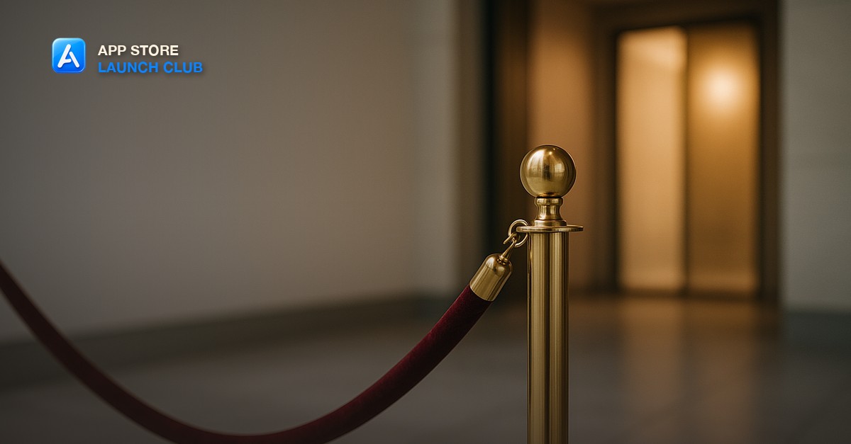 A single brass stanchion with a velvet rope in front of a softly lit doorway in a modern lobby